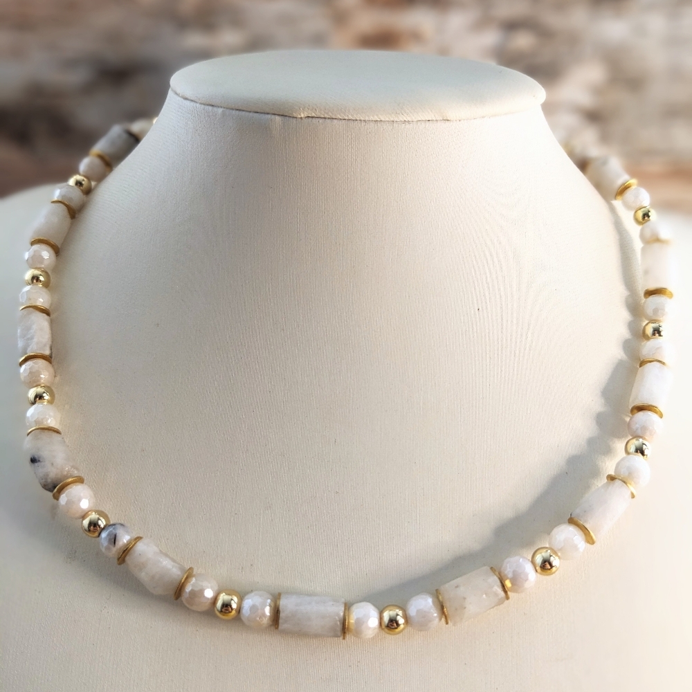 Natural Mystic White Moonstone With Large Stones In Beaded Necklace or Choker